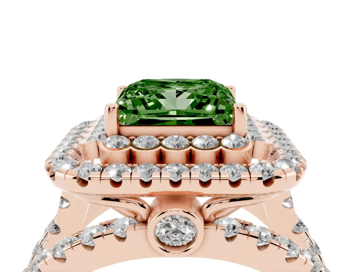Fancy Green Princess Cut Diamond Double Halo Ring with Round Pavé Split Shank and Prong Setting Rose gold