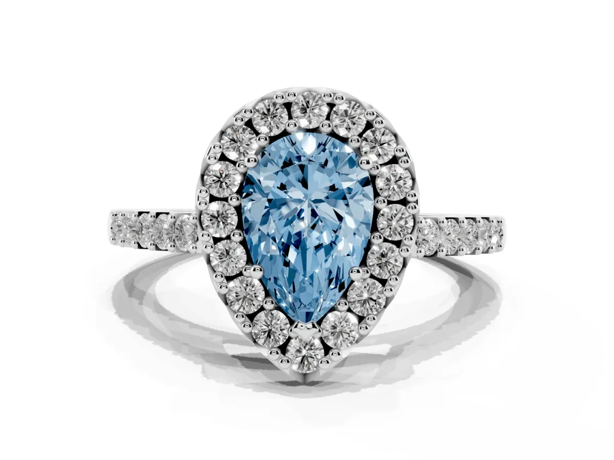 Fancy Blue Pear Cut Halo Diamond Pavé Solitaire Ring Platinum