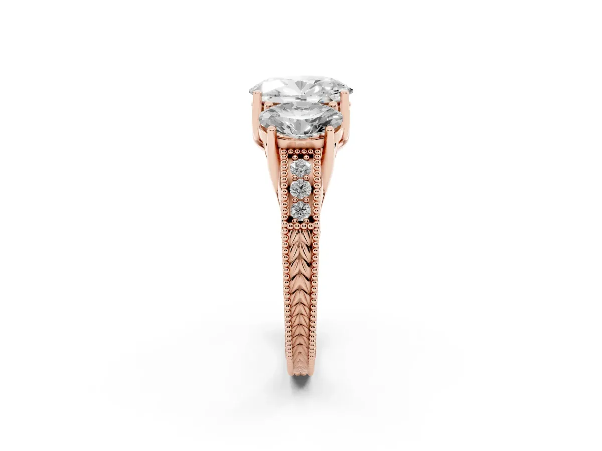 Three-Stone Oval Cut Cut Milgrain Pavé Engagement Ring Rose gold