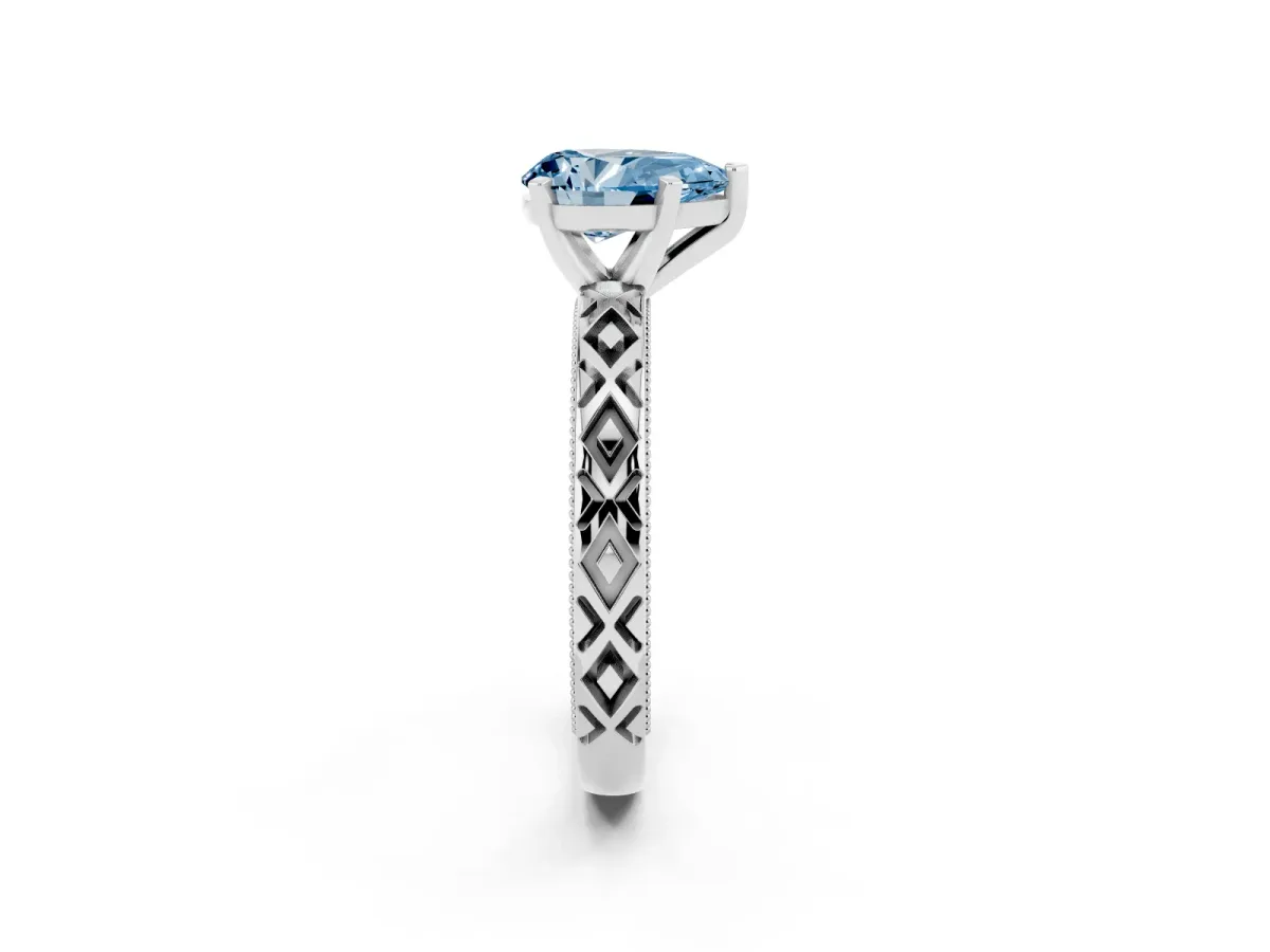 Fancy Blue Pear Cut Solitaire Diamond Ring with Milgrain and Black Enamel X Pattern Band Silver