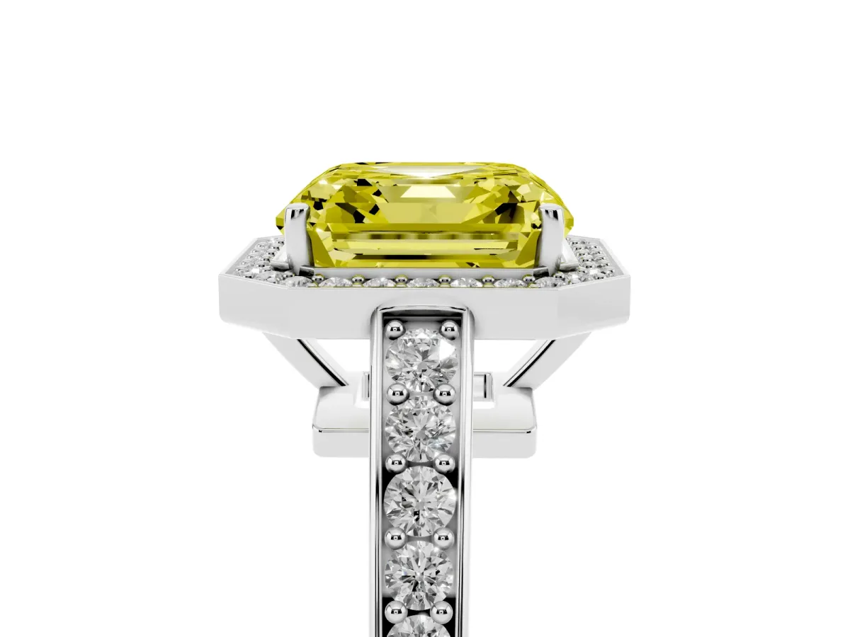 Fancy Yellow Asscher Cut Halo Pavé Diamond Engagement Ring with Bezel Setting Silver