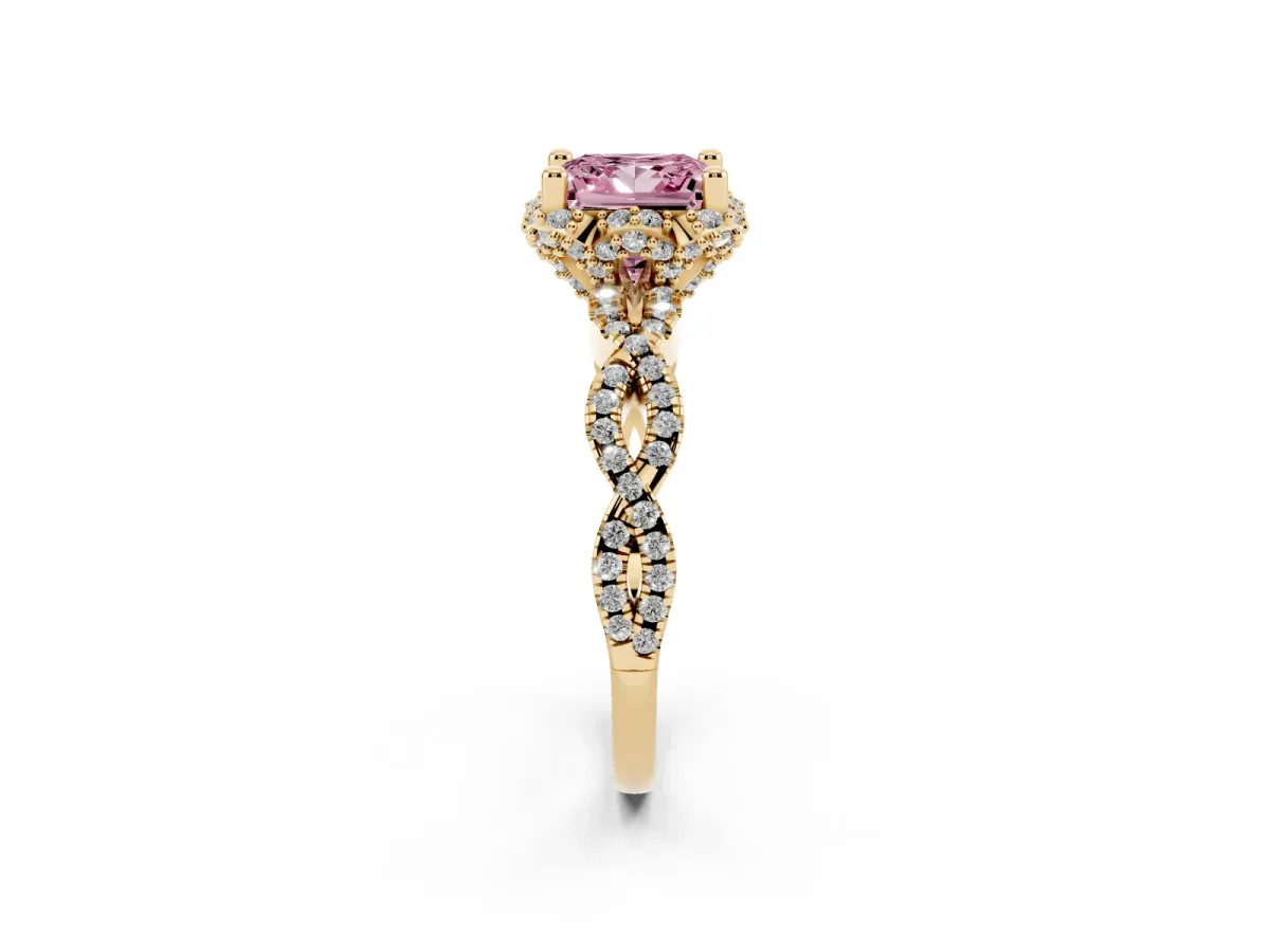 Fancy Pink Princess Cut Halo Twist Band Solitaire Ring with Six-Prong Setting Yellow gold
