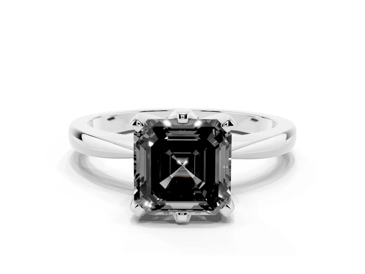 Fancy Black Asscher Cut Solitaire Engagement Ring with Six-Prong Setting and Tapered Band White gold