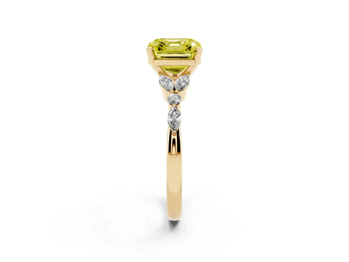 Fancy Yellow Asscher Cut Diamond Solitaire Ring with Side Stones and Four-Prong Setting Yellow gold