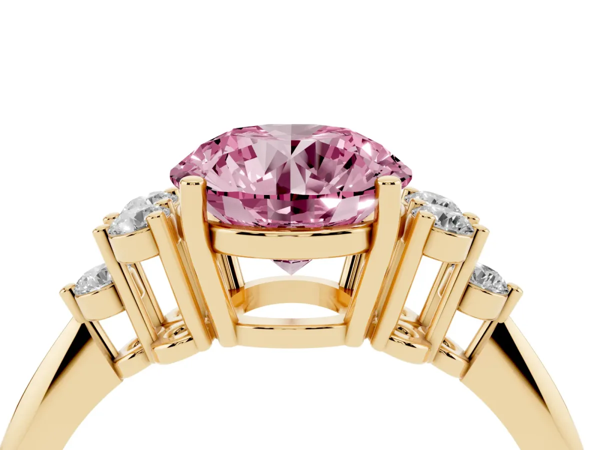 Fancy Pink Round Cut Cut Diamond Cluster Ring with Solitaire Band and Four-Prong Setting Yellow gold