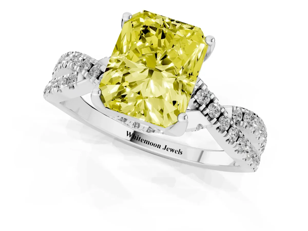 Fancy Yellow Radiant Cut Solitaire Twist Pave Diamond Engagement Ring with Prong Setting Silver