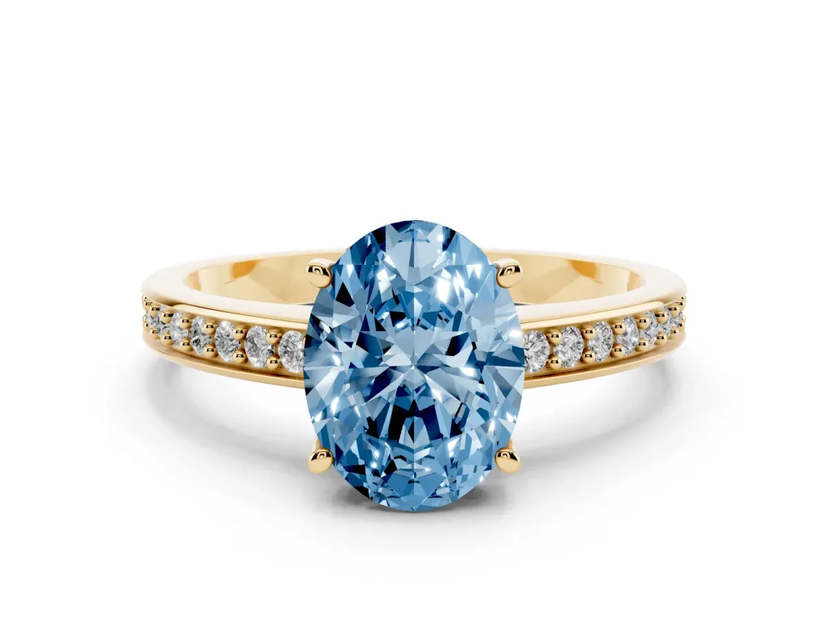 Fancy Blue Oval Cut Solitaire Pavé Band Prong Setting Ring Yellow gold