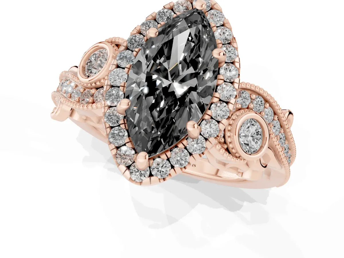 Fancy Black Marquise Cut Halo Diamond Ring with Milgrain and Bezel Accents on a Split Shank Band Rose gold