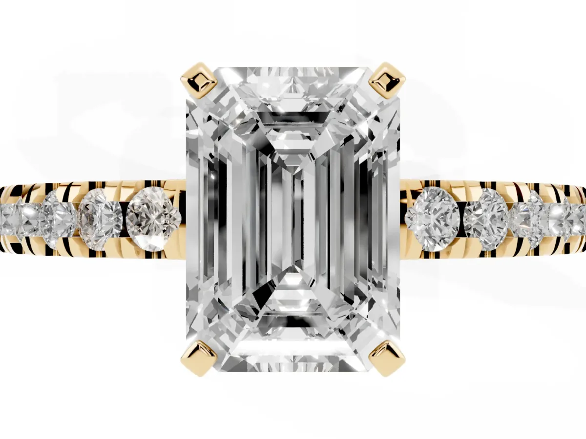 Emerald Cut Solitaire Diamond with Pavé Band and Four-Prong Setting Yellow gold