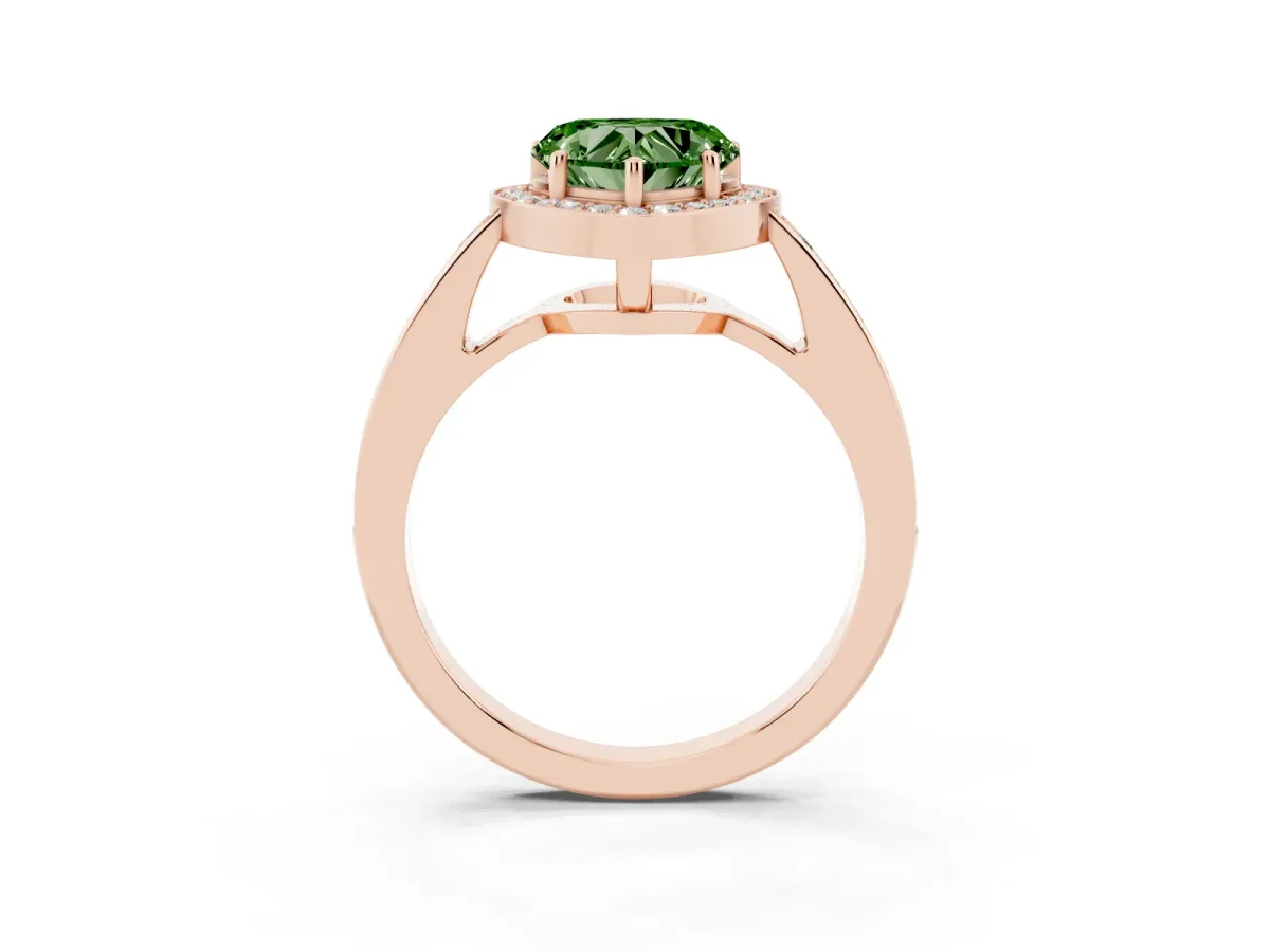 Fancy Green Heart Cut Halo Pavé Diamond Engagement Ring with Bezel Setting Rose gold