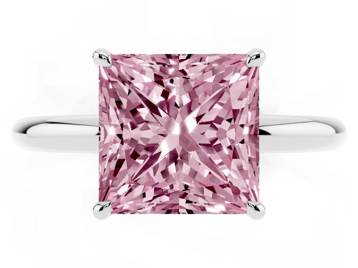 Fancy Pink Princess Cut Diamond Solitaire Ring with Thin Band and Four-Prong Setting Platinum