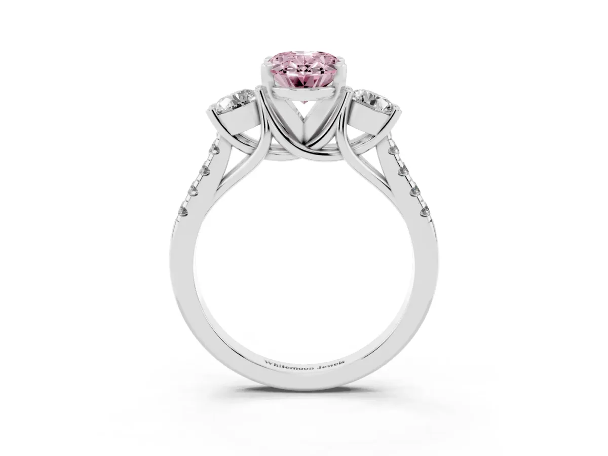 Fancy Pink Three-Stone Oval Cut Diamond Pavé Band with Four-Prong Setting Platinum