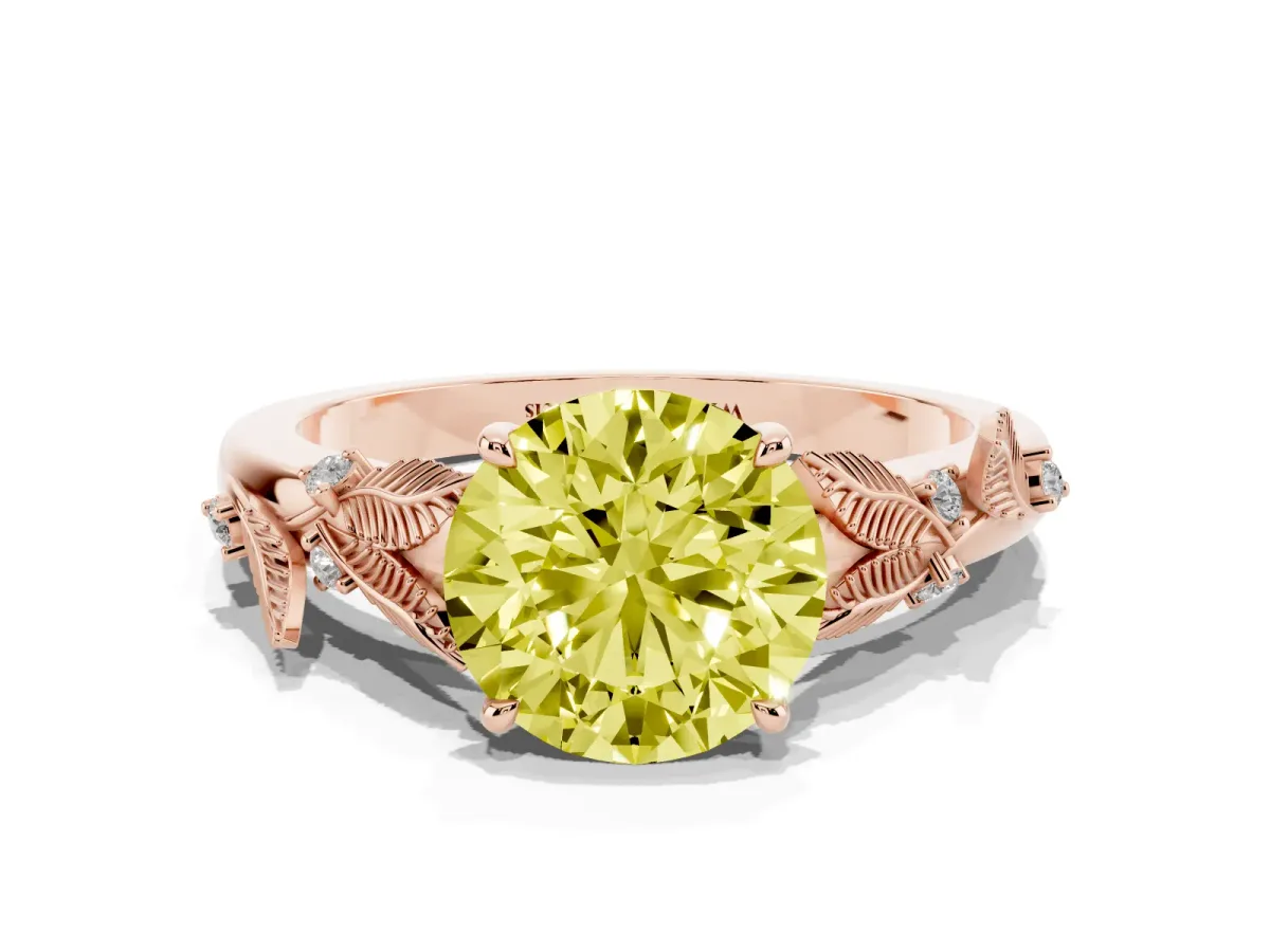 Fancy Yellow Round Cut Diamond Solitaire Ring with Leaf Motif Band and Four-Prong Setting Rose gold