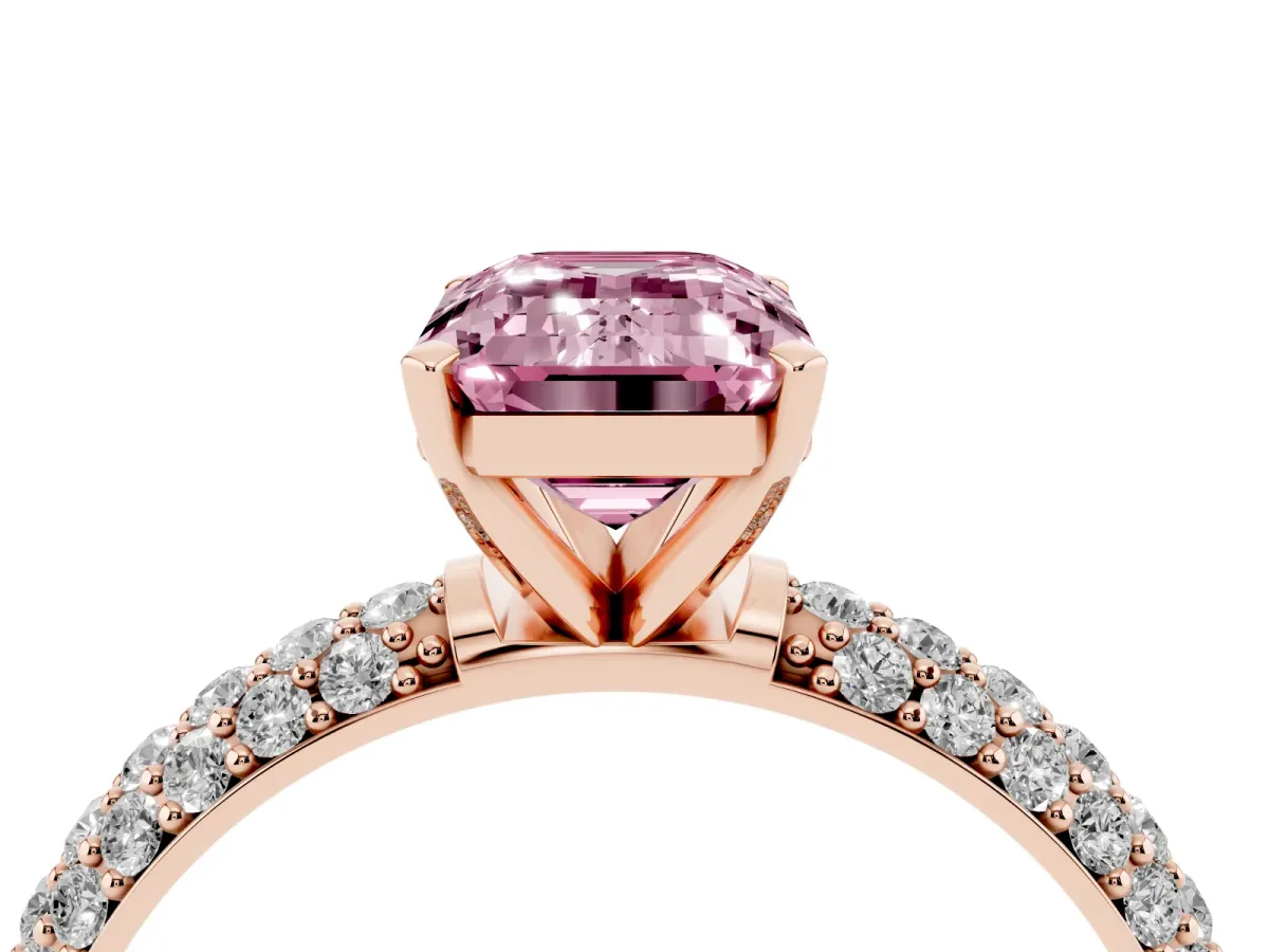 Fancy Pink Emerald Cut Diamond Solitaire Ring with Prong Setting and Pavé Band Rose gold