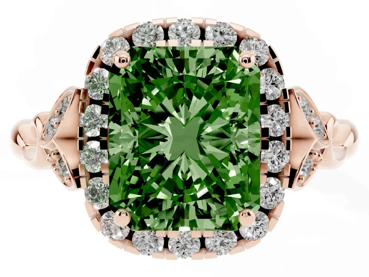 Fancy Green Radiant Cut Halo Diamond Engagement Ring with Vintage-Inspired Band and Four-Prong Setting Rose gold