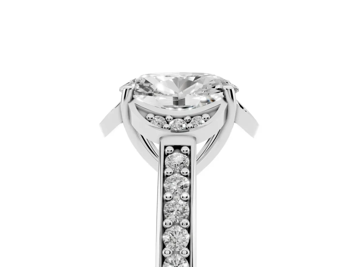 Oval Cut Cut Halo Diamond Ring with Channel Set Band and Four-Prong Setting White gold