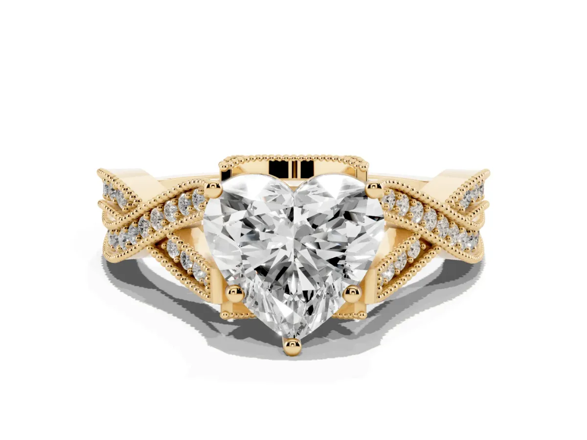 Heart Cut Cut Diamond Twisted Band with Milgrain Pave Setting and Four-Prong Setting Yellow gold
