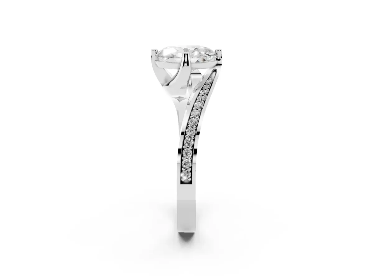 Oval Cut Solitaire Diamond Twist Band with Pavé Setting and Four-Prong Setting Silver