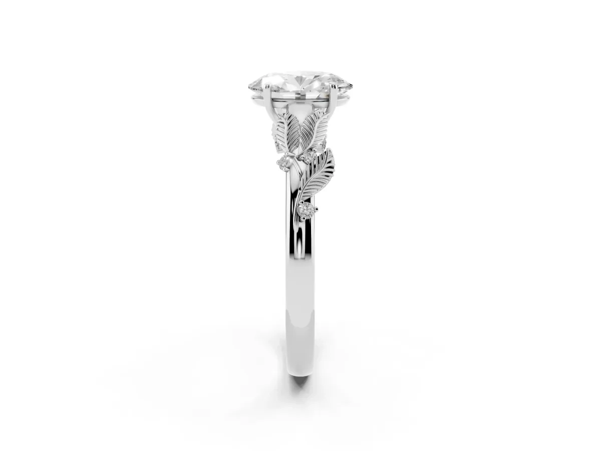 Oval Cut Diamond Solitaire Ring with Leaf Motif Band and Four-Prong Setting Silver