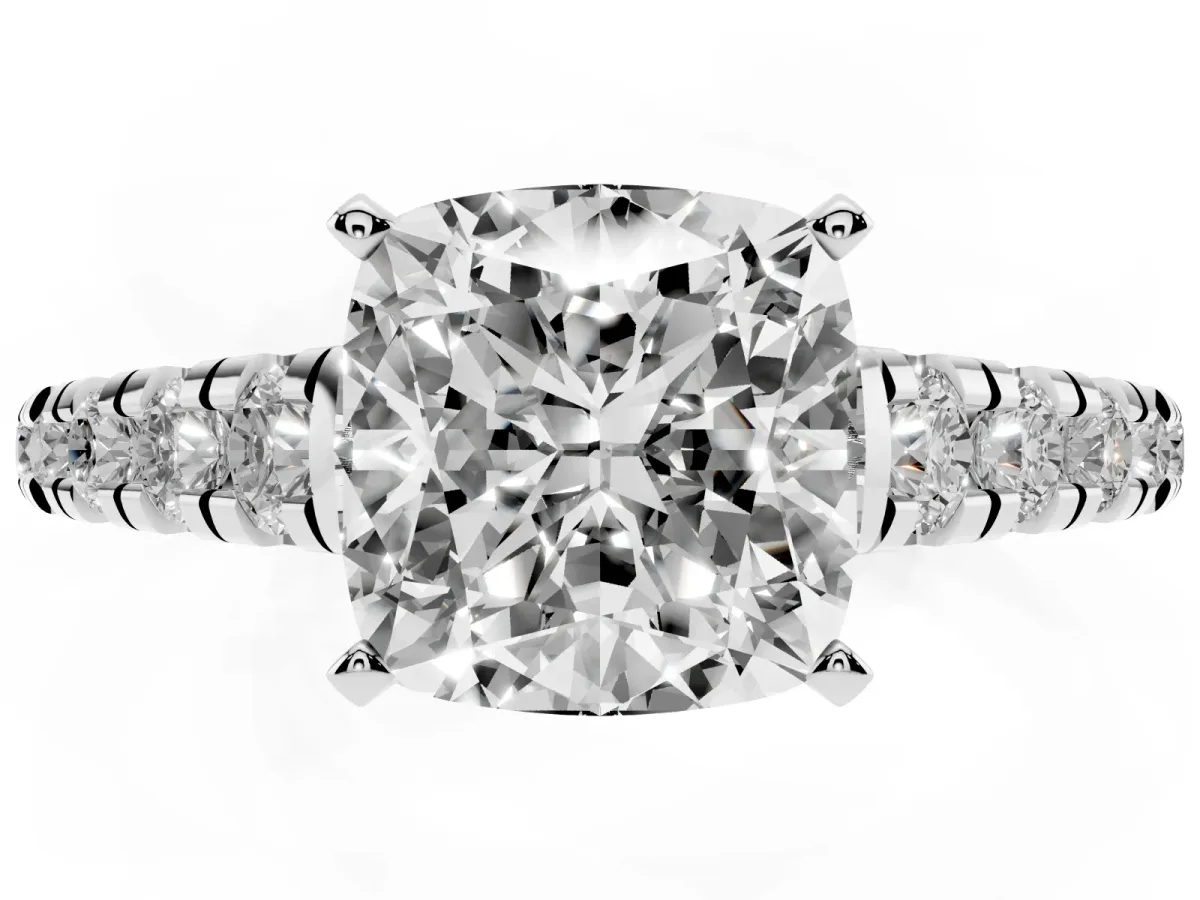 Cushion Cut Diamond Cathedral Solitaire Ring with Round Pavé Band Platinum