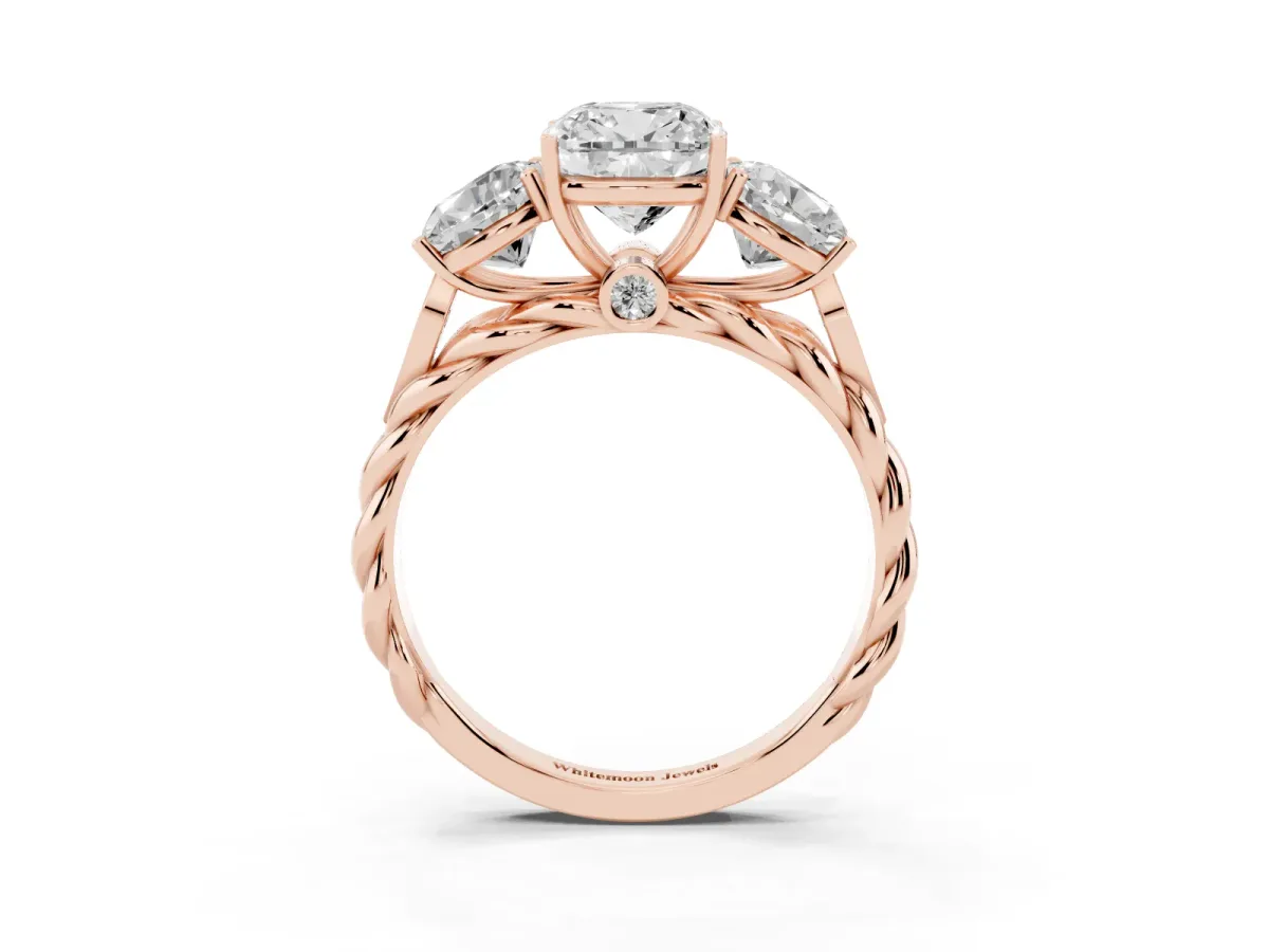 Three-Stone Cushion Cut Diamond Braided Band Ring with Four-Prong Setting Rose gold