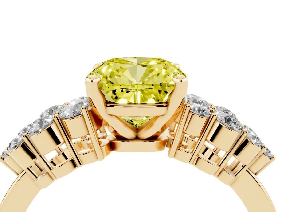 Fancy Yellow Cushion Cut Cluster Diamond Engagement Ring with Pavé Band and Four-Prong Setting Yellow gold