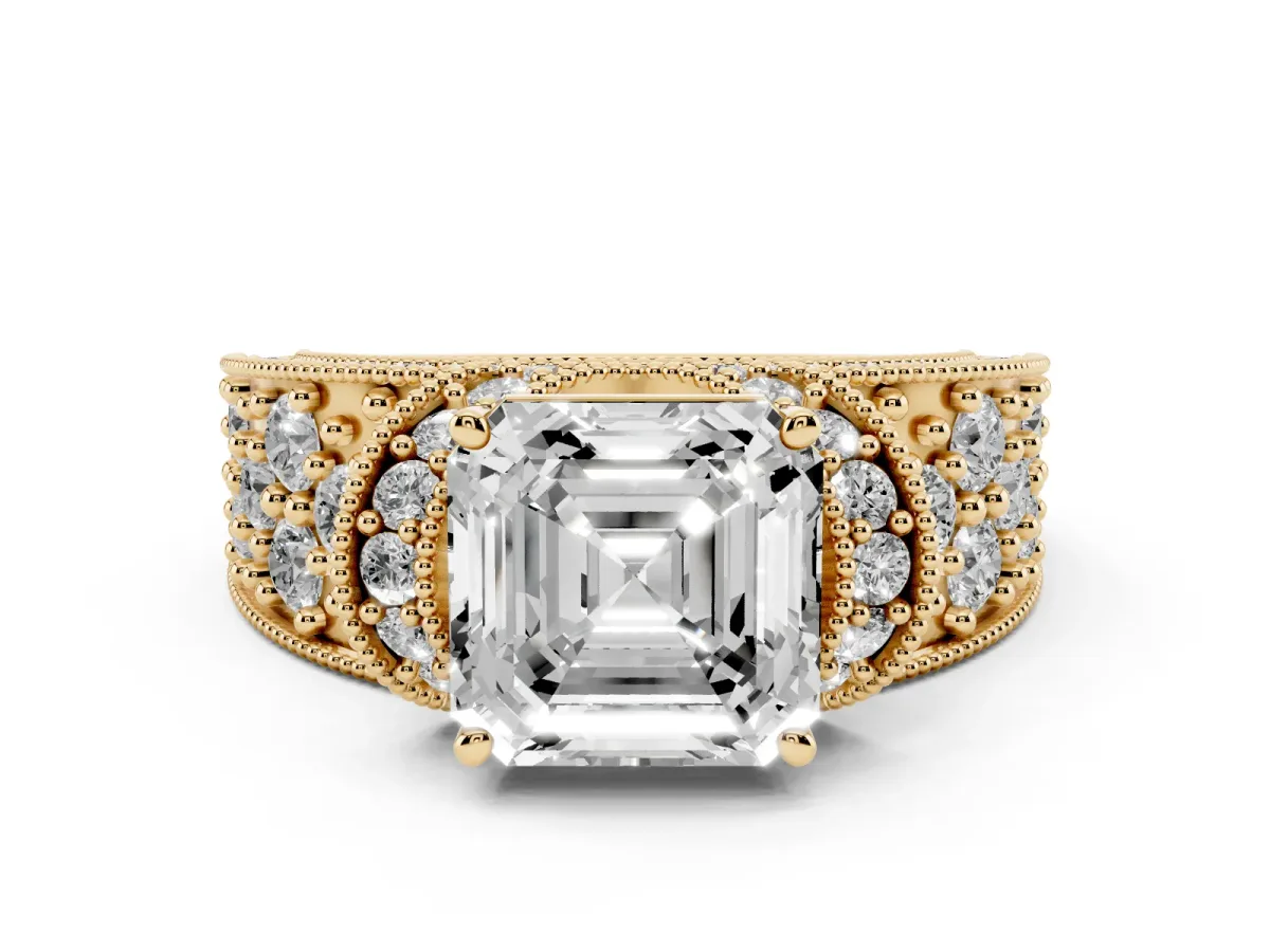 Asscher Cut Halo Pave Diamond Engagement Ring with Milgrain Detailing Yellow gold