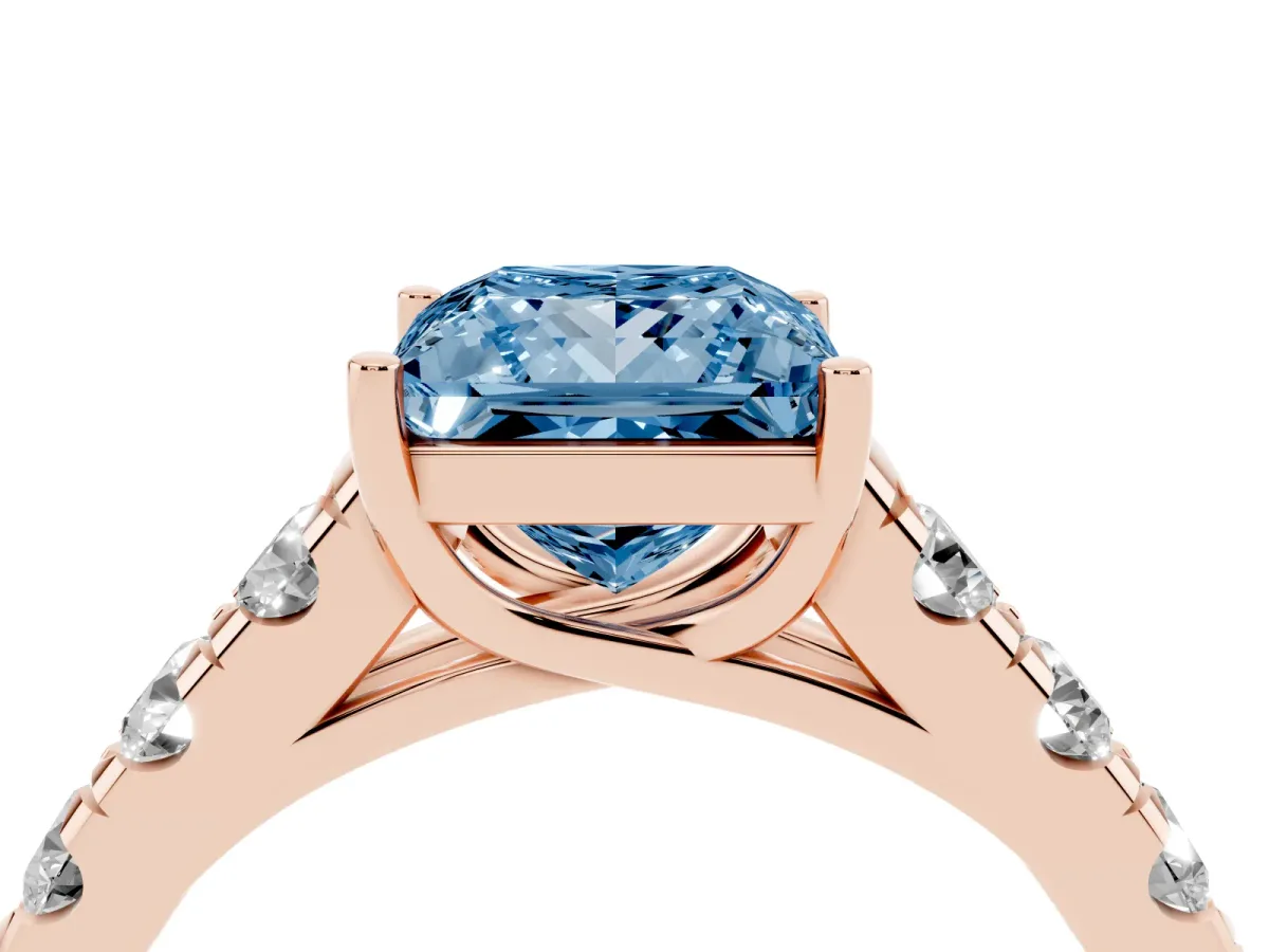 Fancy Blue Princess Cut Cut Diamond Solitaire Ring with Micro Pave Band and Prong Setting Rose gold