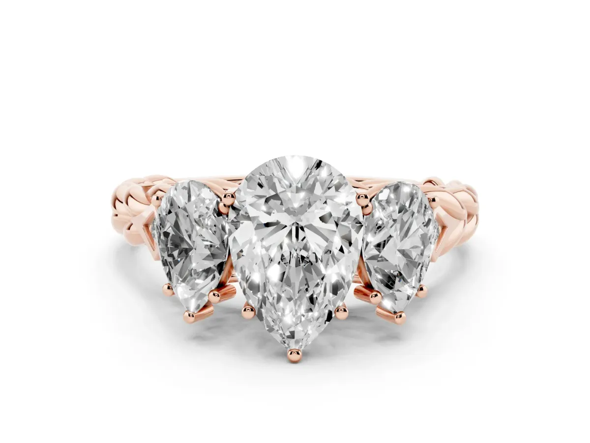 Three-Stone Pear Cut Diamond Braided Band Ring with Four-Prong Setting Rose gold