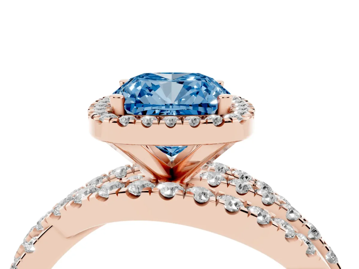 Fancy Blue Cushion Cut Diamond Halo Ring with Round Split Shank and Prong Setting Rose gold