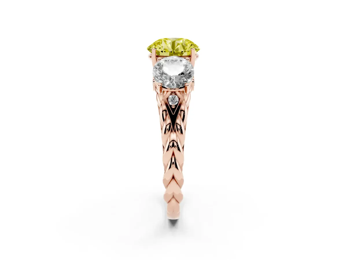 Fancy Yellow Three-Stone Round Cut Diamond Braided Band Ring with Four-Prong Setting Rose gold