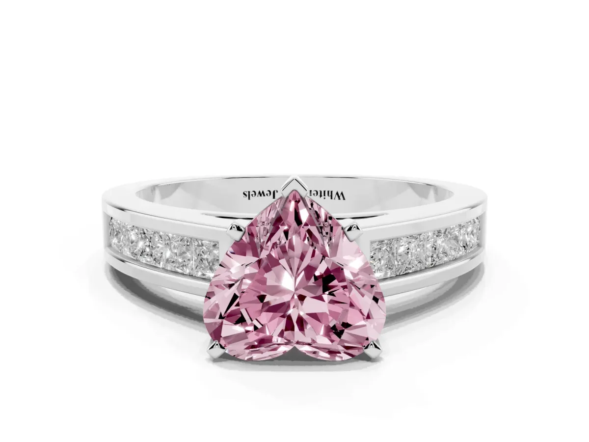 Fancy Pink Heart Cut Solitaire Diamond Ring with Channel-Set Band and Four-Prong Setting White gold