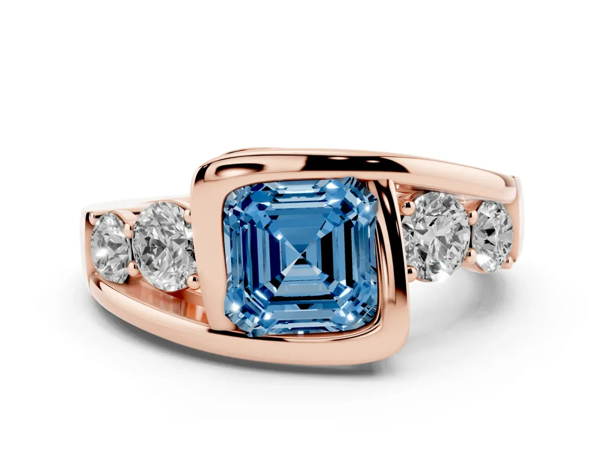 Fancy Blue Bezel Set Asscher Cut Diamond Bypass Ring with Round Accents Rose gold