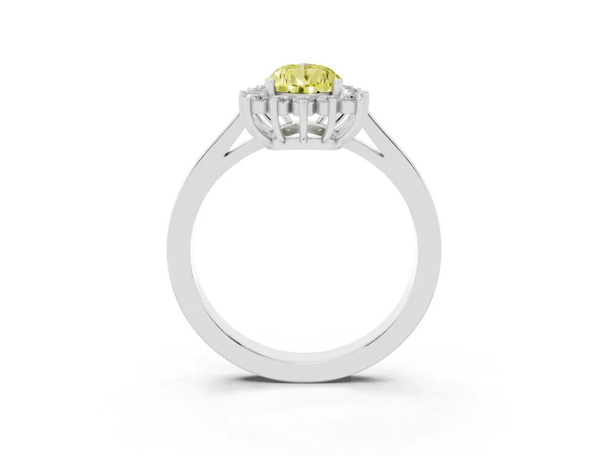 Fancy Yellow Pear Cut Cut Diamond Halo Ring with Round Brilliant Halo and Solitaire Band Silver