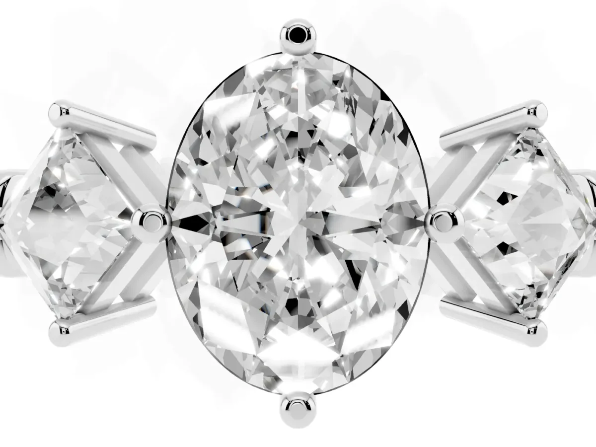 Three-Stone Oval Cut and Princess Cut Diamond Ring with Channel Band and Four-Prong Setting Platinum