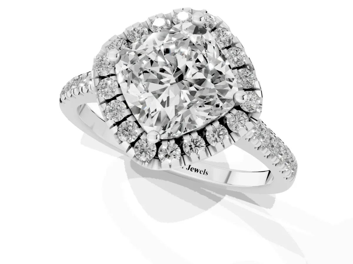 Cushion Cut Diamond Cushion Halo Ring with Pavé Band Silver