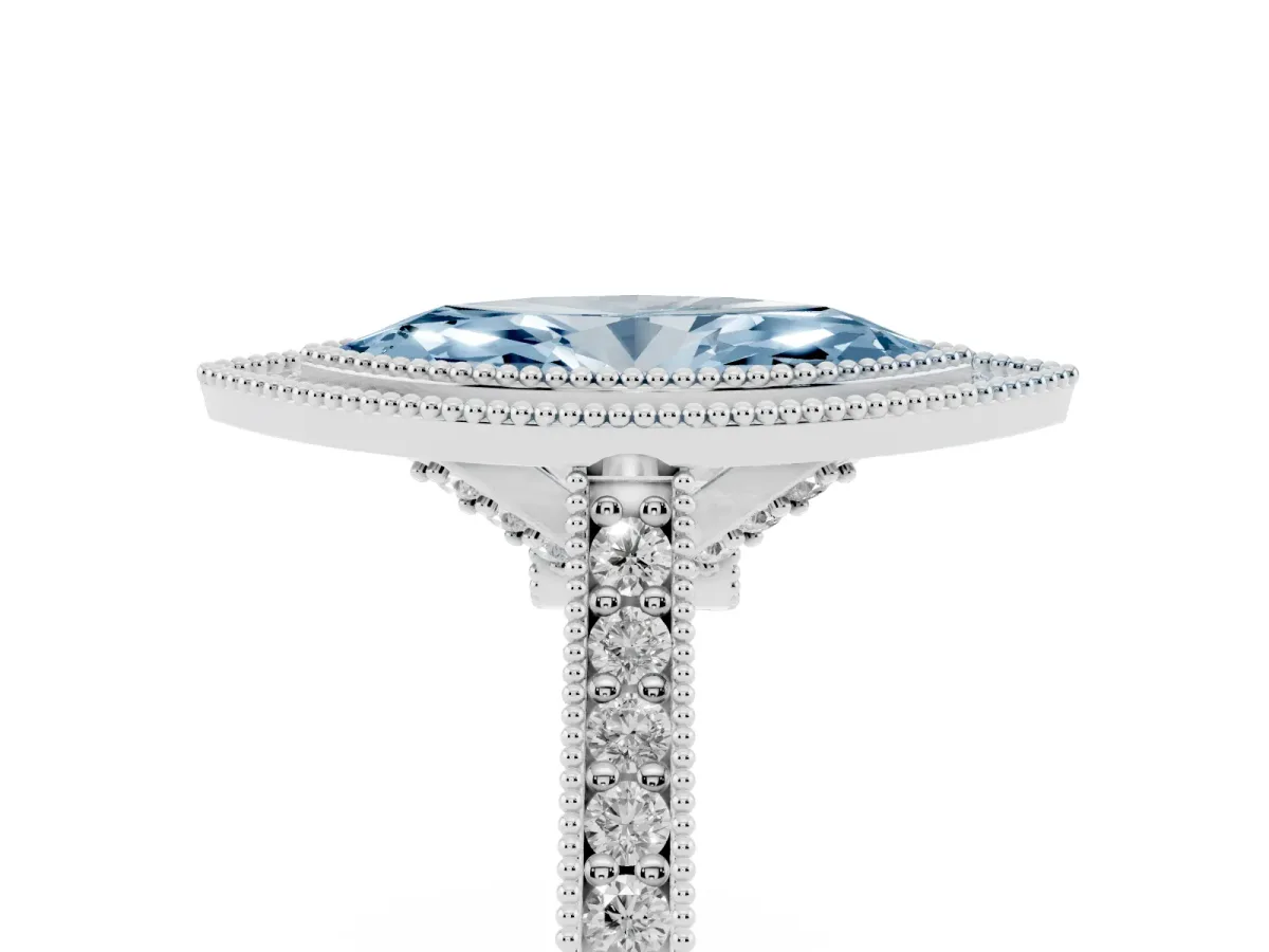 Fancy Blue Halo Marquise Cut-Cut Diamond Pave Band Milgrain Prong Setting Ring Silver