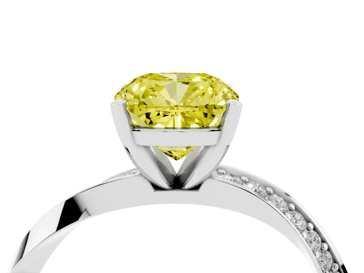 Fancy Yellow Cushion Cut Diamond Engagement Ring with Side Stone Accents and Four-Prong Setting Platinum