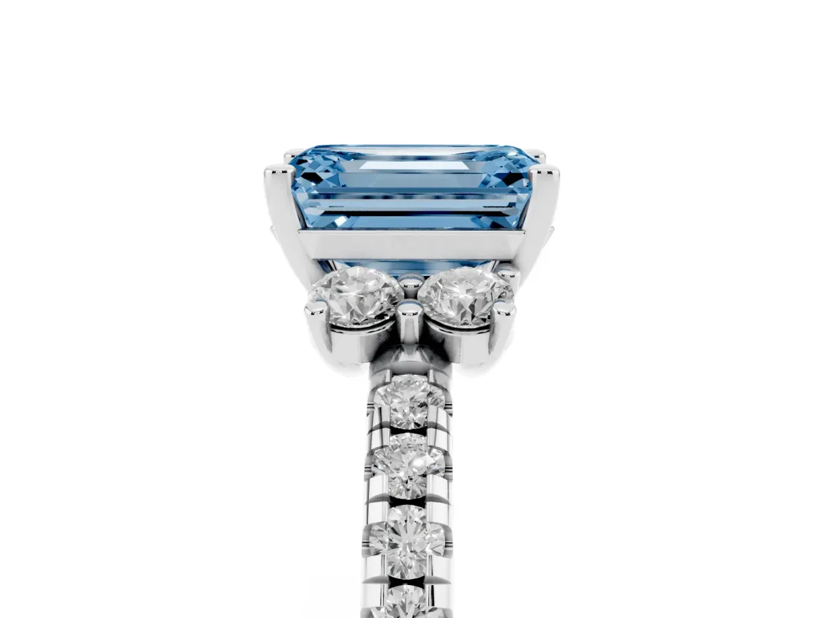 Fancy Blue Emerald Cut Diamond Three-Stone Pave Band with Four-Prong Setting Platinum