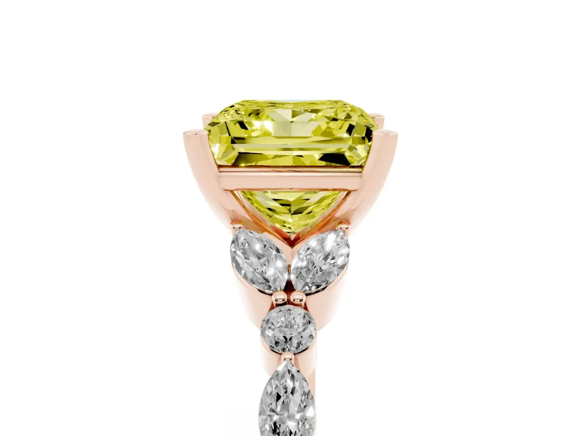 Fancy Yellow Princess Cut Diamond Solitaire Ring with Side Stones and Four-Prong Setting Rose gold