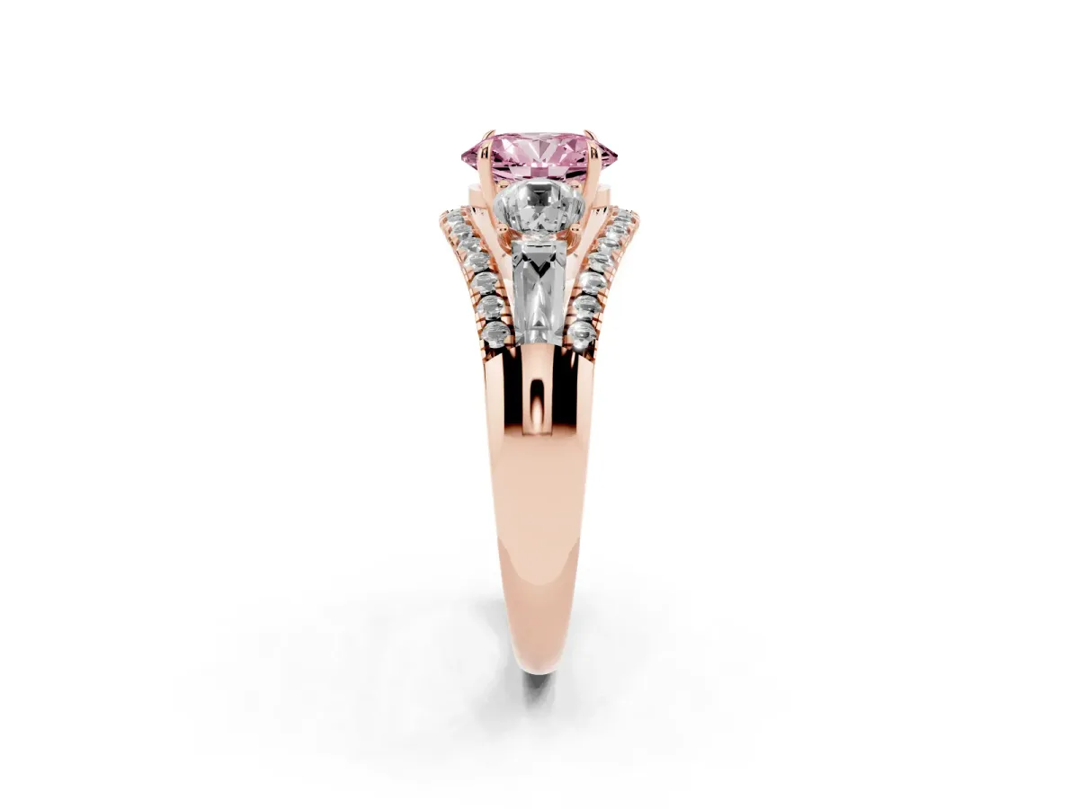 Fancy Pink Three-Stone Oval Cut Diamond Engagement Ring with Pave Band and Prong Setting Rose gold