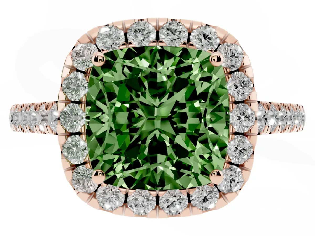 Fancy Green Cushion Cut Halo Pave Diamond Engagement Ring with Four-Prong Setting Rose gold