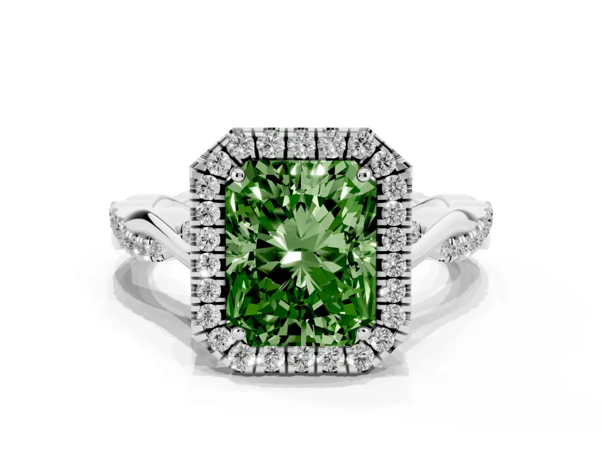 Fancy Green Radiant Cut Halo Twist Band Solitaire Ring Silver