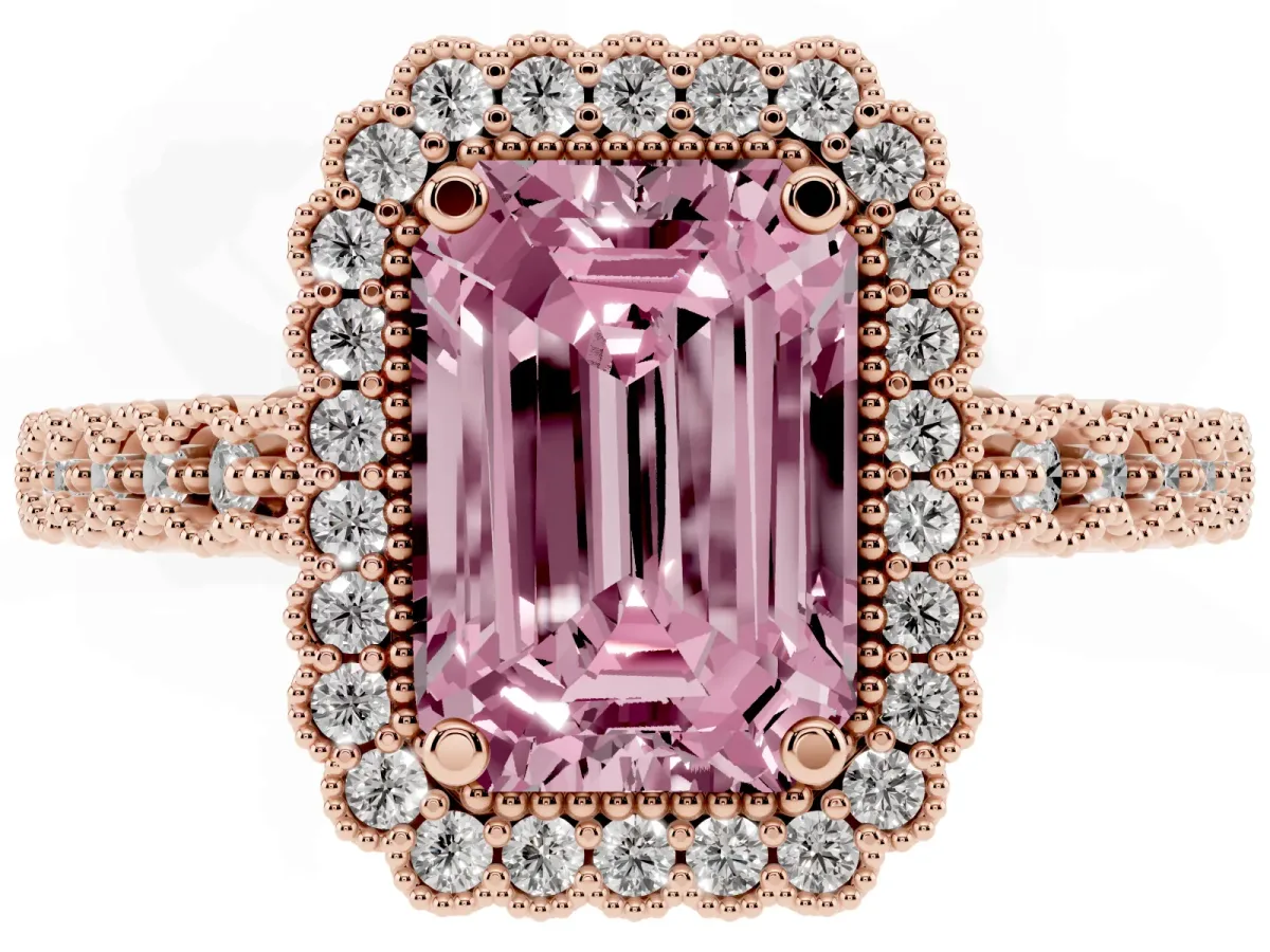 Fancy Pink Emerald Cut Cut Halo Pavé Solitaire Ring with Milgrain Band Rose gold