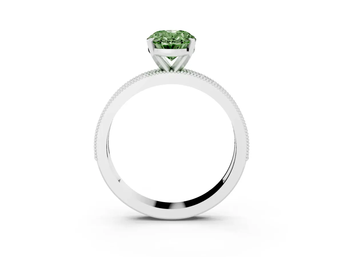 Fancy Green Oval Cut Diamond Milgrain Pavé Engagement Ring with Four-Prong Setting Silver