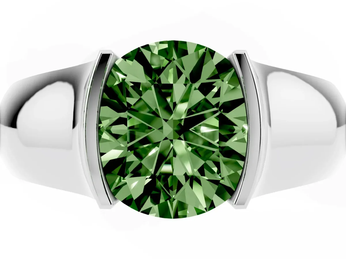 Fancy Green Round Cut Solitaire Bezel Set Diamond Ring with Wide Band Silver