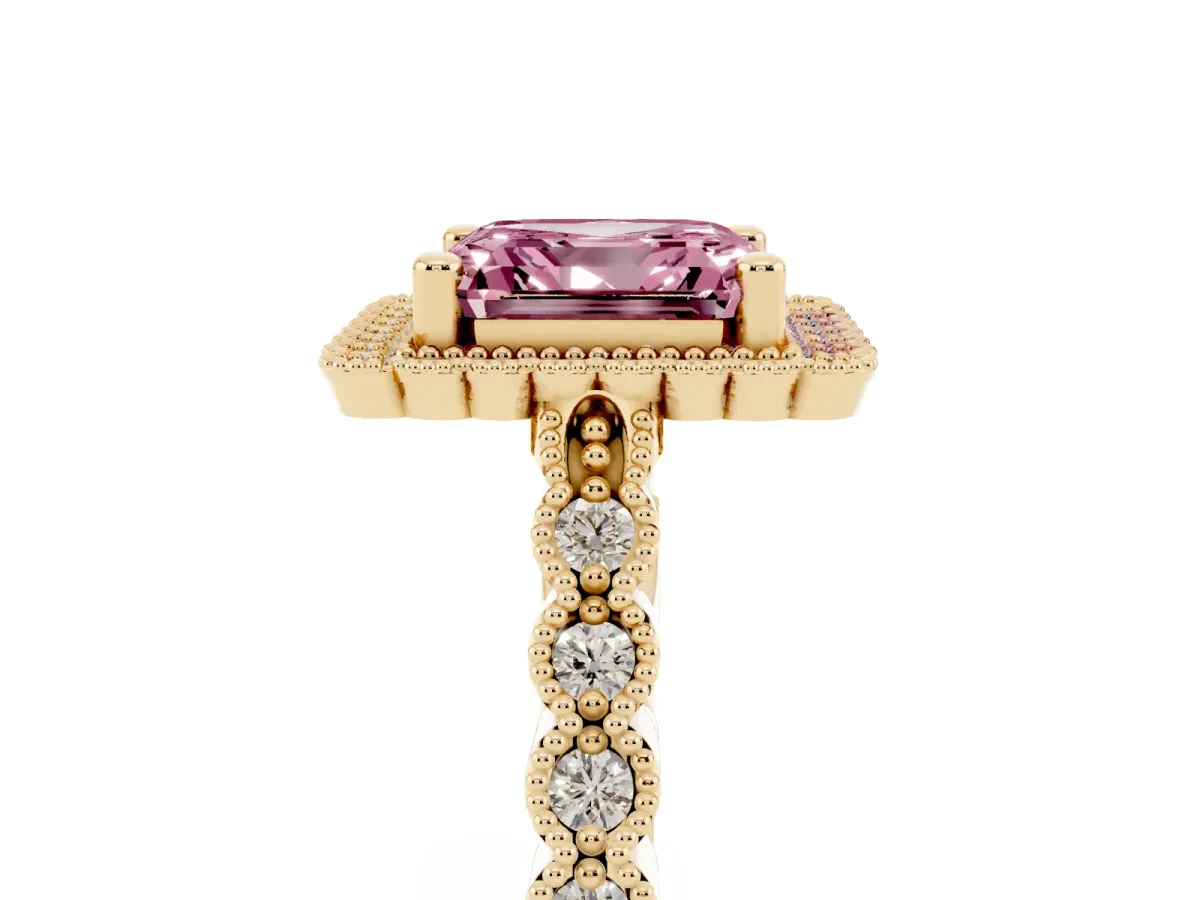 Fancy Pink Asscher Cut Cut Halo Pavé Solitaire Ring with Milgrain Band Yellow gold