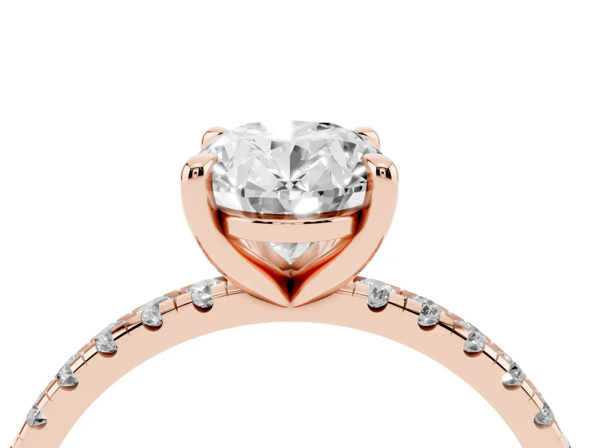 Oval Cut Diamond Brilliant Solitaire Ring with Pavé Band and Four-Prong Setting Rose gold