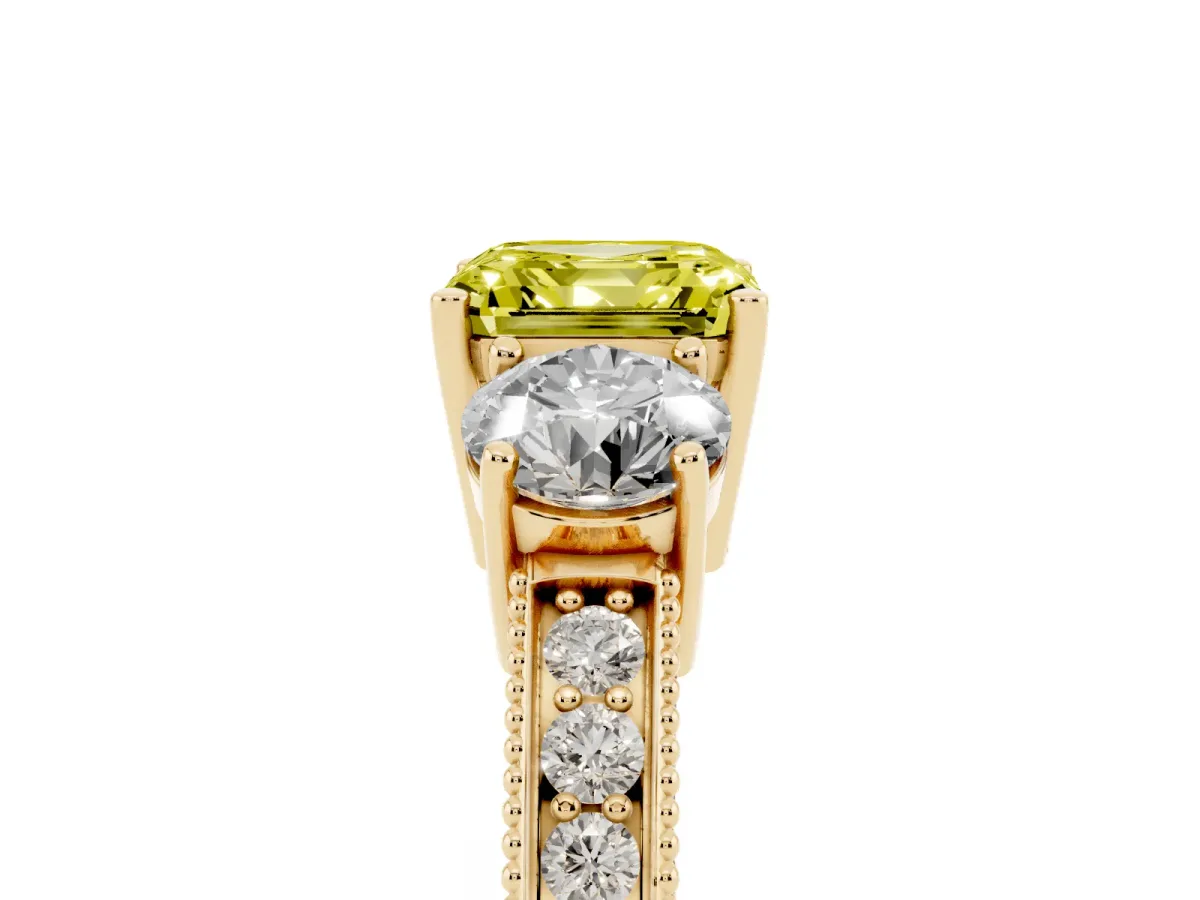 Fancy Yellow Asscher Cut Three-Stone Diamond Ring with Pavé Band and Four-Prong Setting Yellow gold