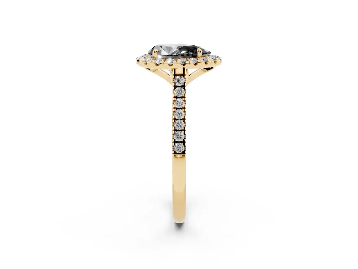 Fancy Black Pear Cut Diamond Cushion Halo Ring with Pavé Band Yellow gold